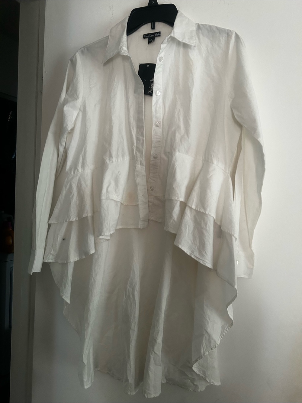 White Tiered Ruffle High-Low Button Shirt
